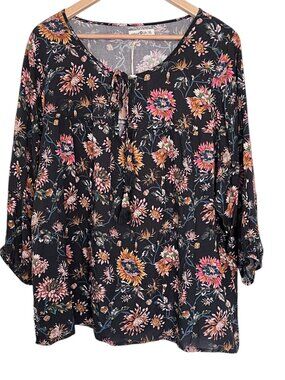 Natural Life Maribel Boho Peasant Floral Tassel Ties Balloon Sleeve Black Top XL